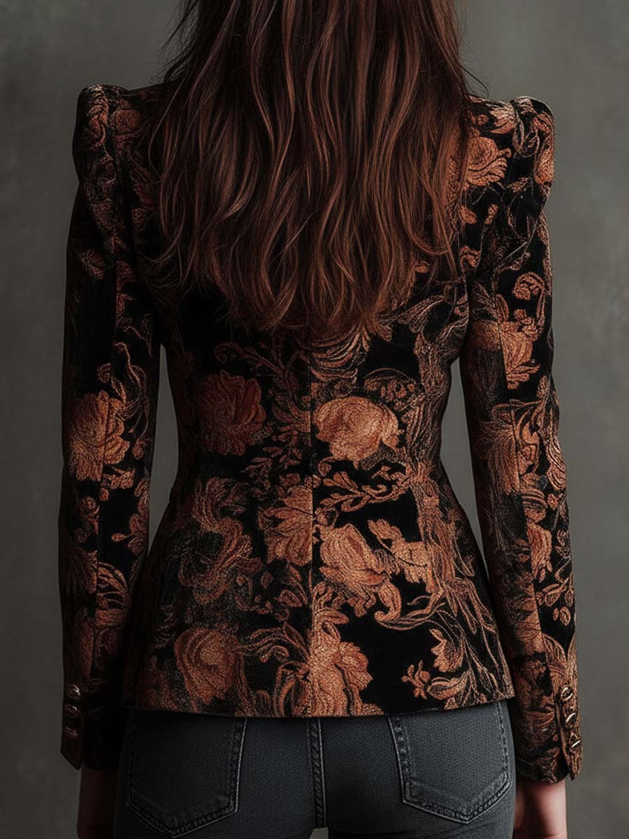 Bertille | Zwarte blazer met bronzen bloemenpatroon