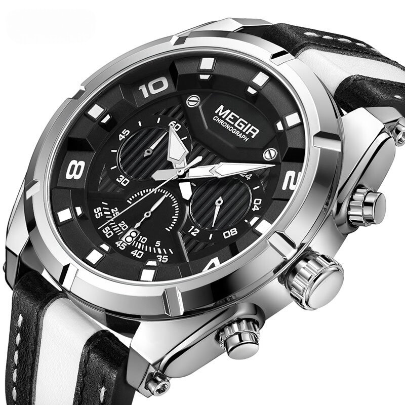 Luxe leren militaire sport chronograaf horloge