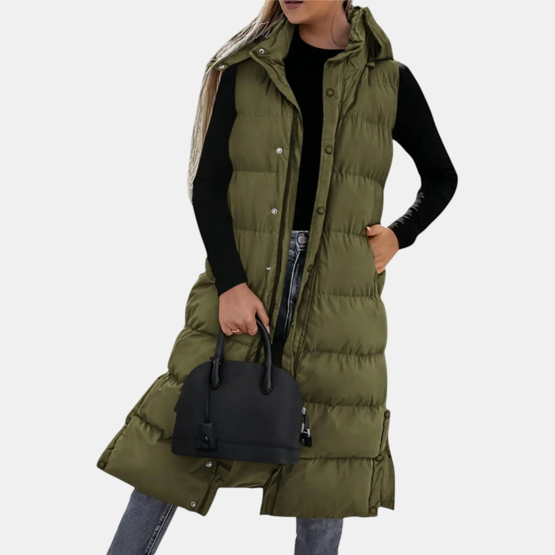 Elise | Lang gewatteerd vest met capuchon en knopen