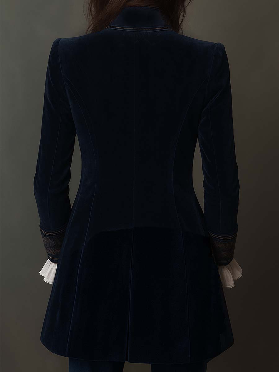 Athénaïs | Lange marineblauwe jas met borduursels