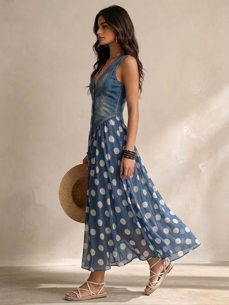 Brenda | Elegante Spijkerjurk met Chiffon Rok met Stippen