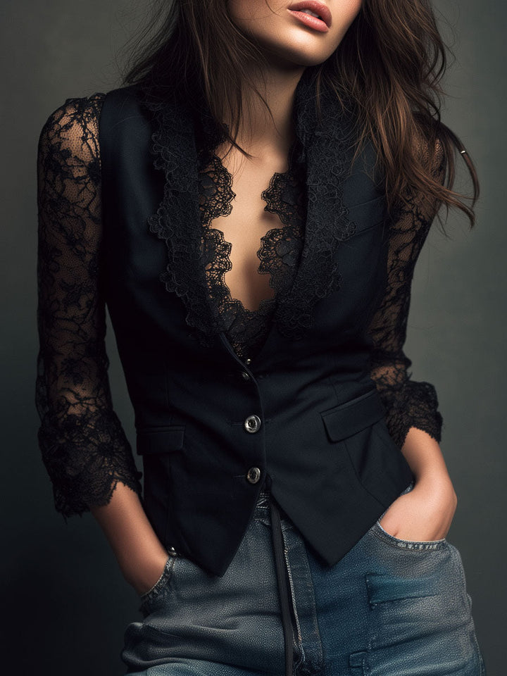 Noémie | Zwarte blazer met doorschijnende mouwen