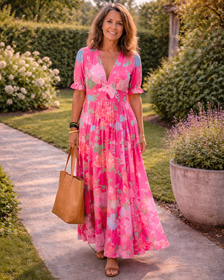 Ione | Korte mouwloze V-hals Bloemen Midi-jurk