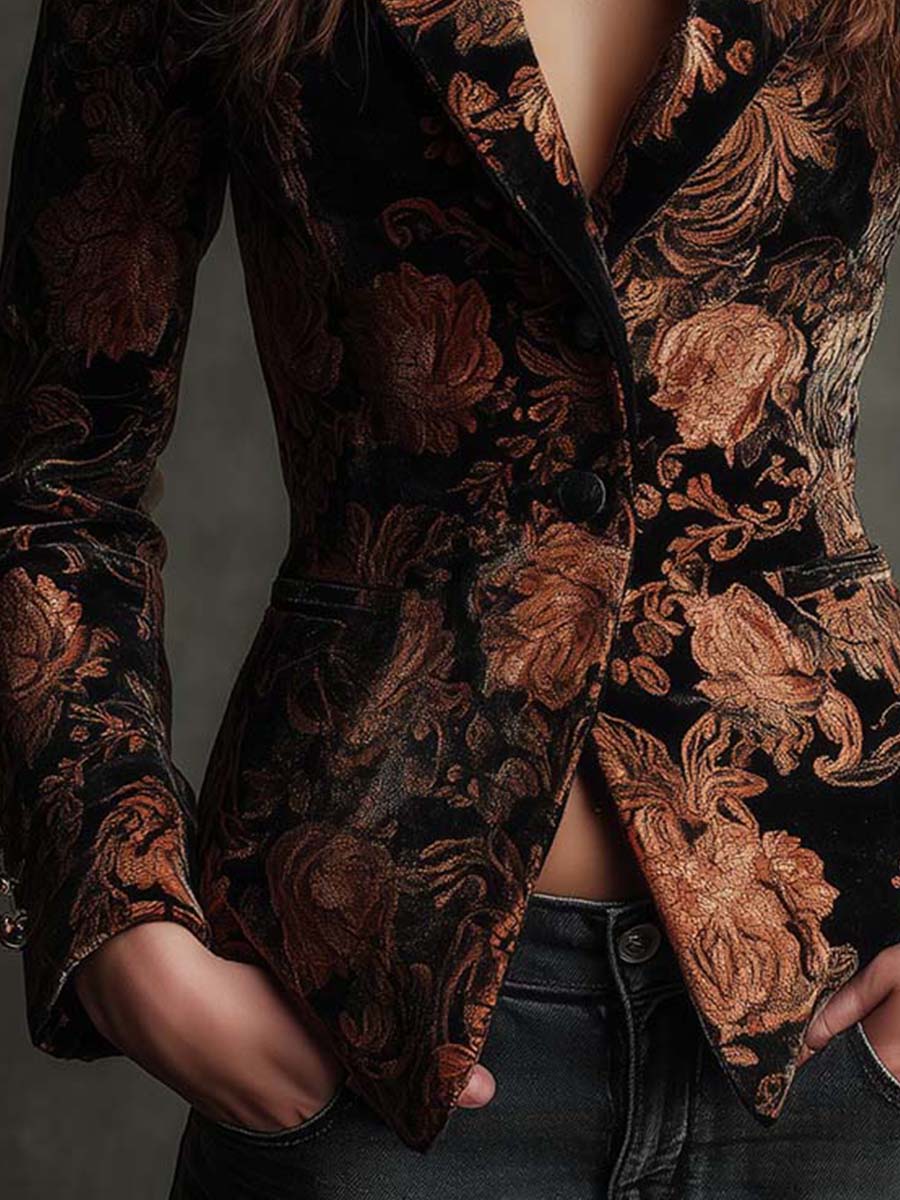 Bertille | Zwarte blazer met bronzen bloemenpatroon