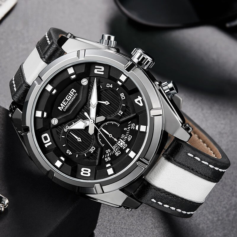 Luxe leren militaire sport chronograaf horloge