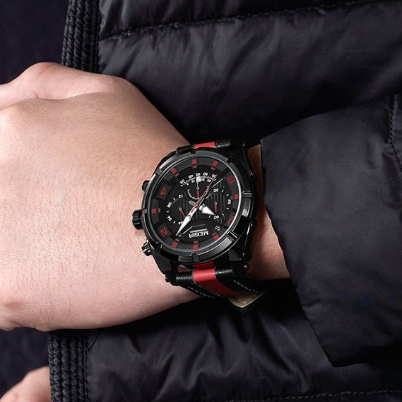 Luxe leren militaire sport chronograaf horloge