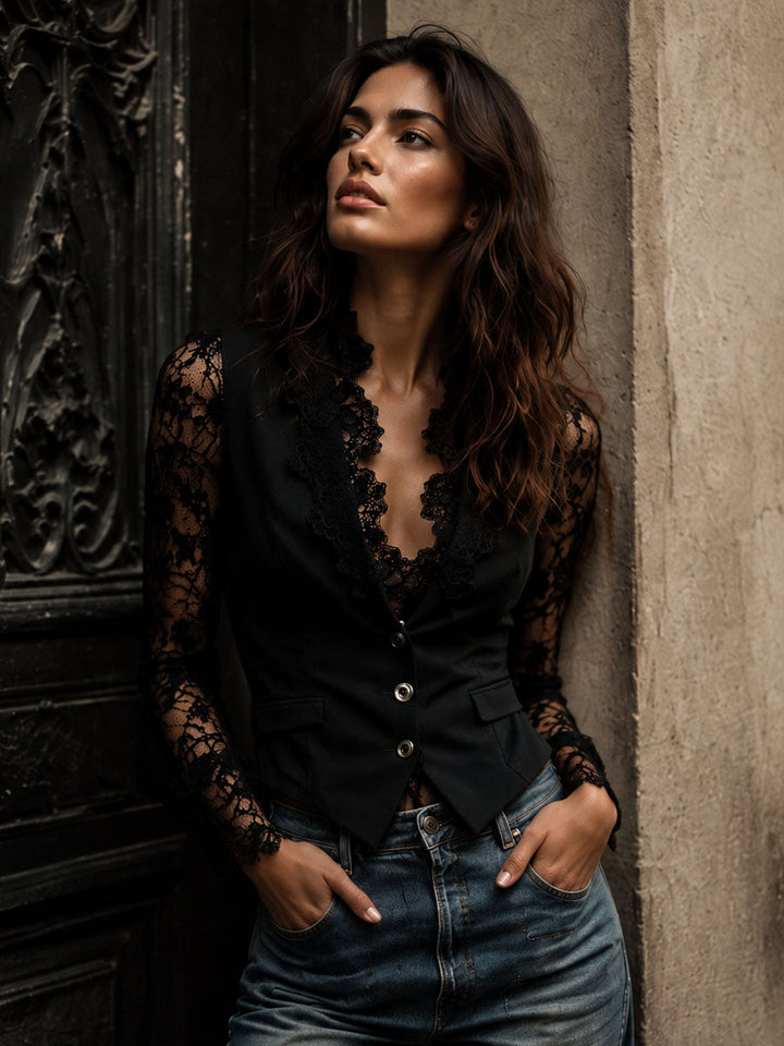 Noémie | Zwarte blazer met doorschijnende mouwen