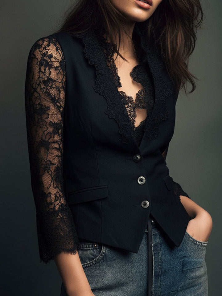 Noémie | Zwarte blazer met doorschijnende mouwen