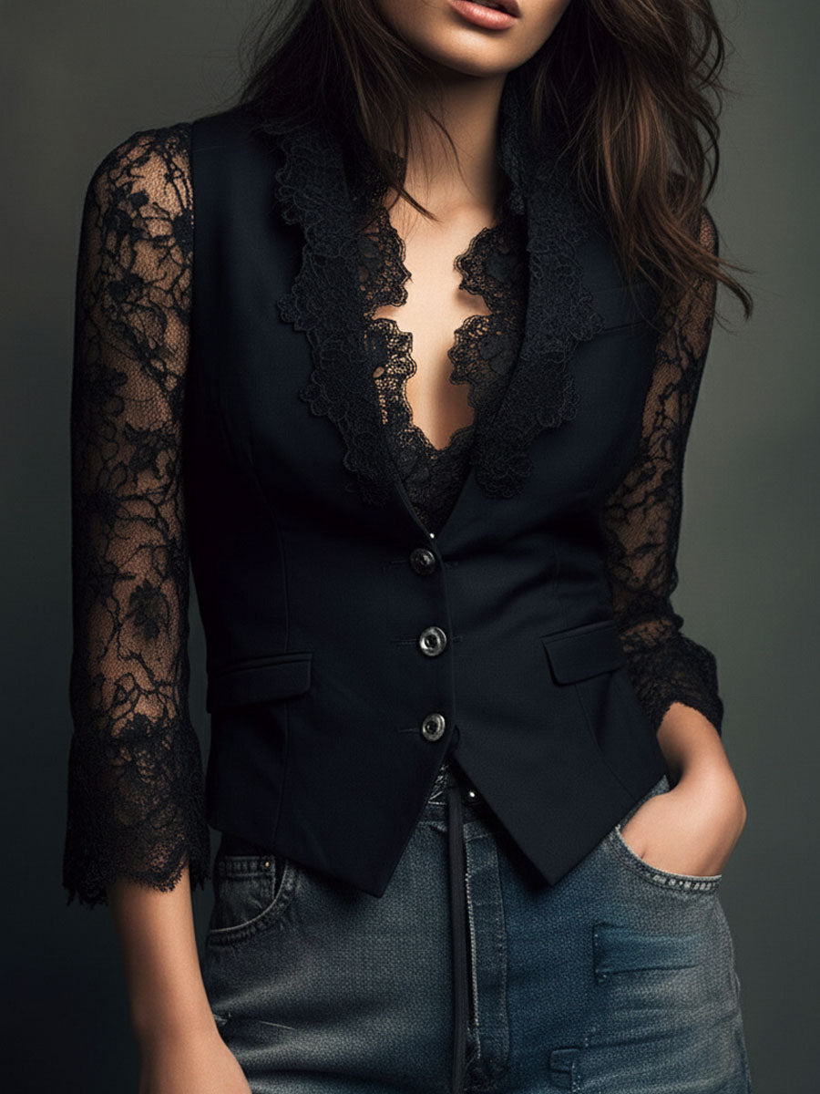 Noémie | Zwarte blazer met doorschijnende mouwen