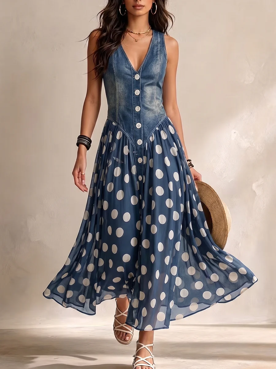 Brenda | Elegante Spijkerjurk met Chiffon Rok met Stippen