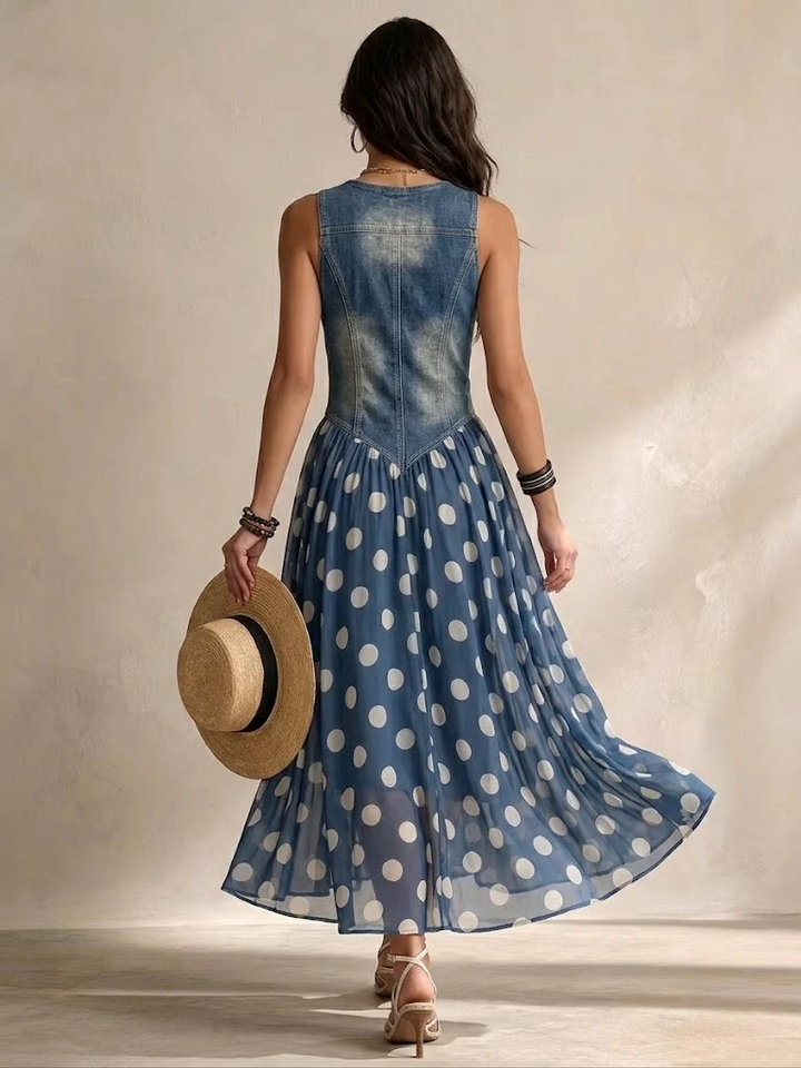 Brenda | Elegante Spijkerjurk met Chiffon Rok met Stippen