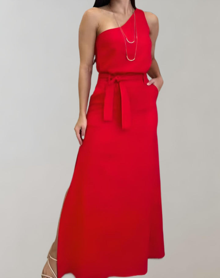 Aleandra | one-shoulder maxi-jurk met riem en zakken