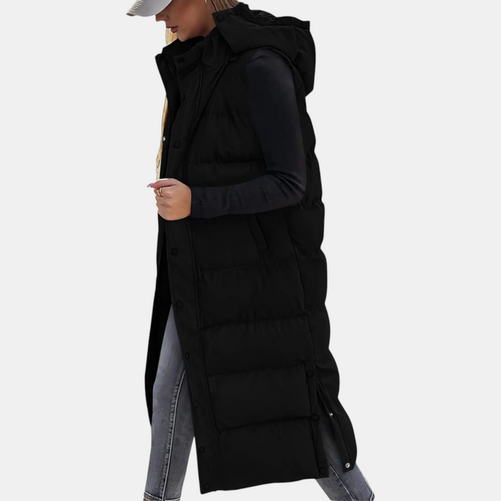 Elise | Lang gewatteerd vest met capuchon en knopen