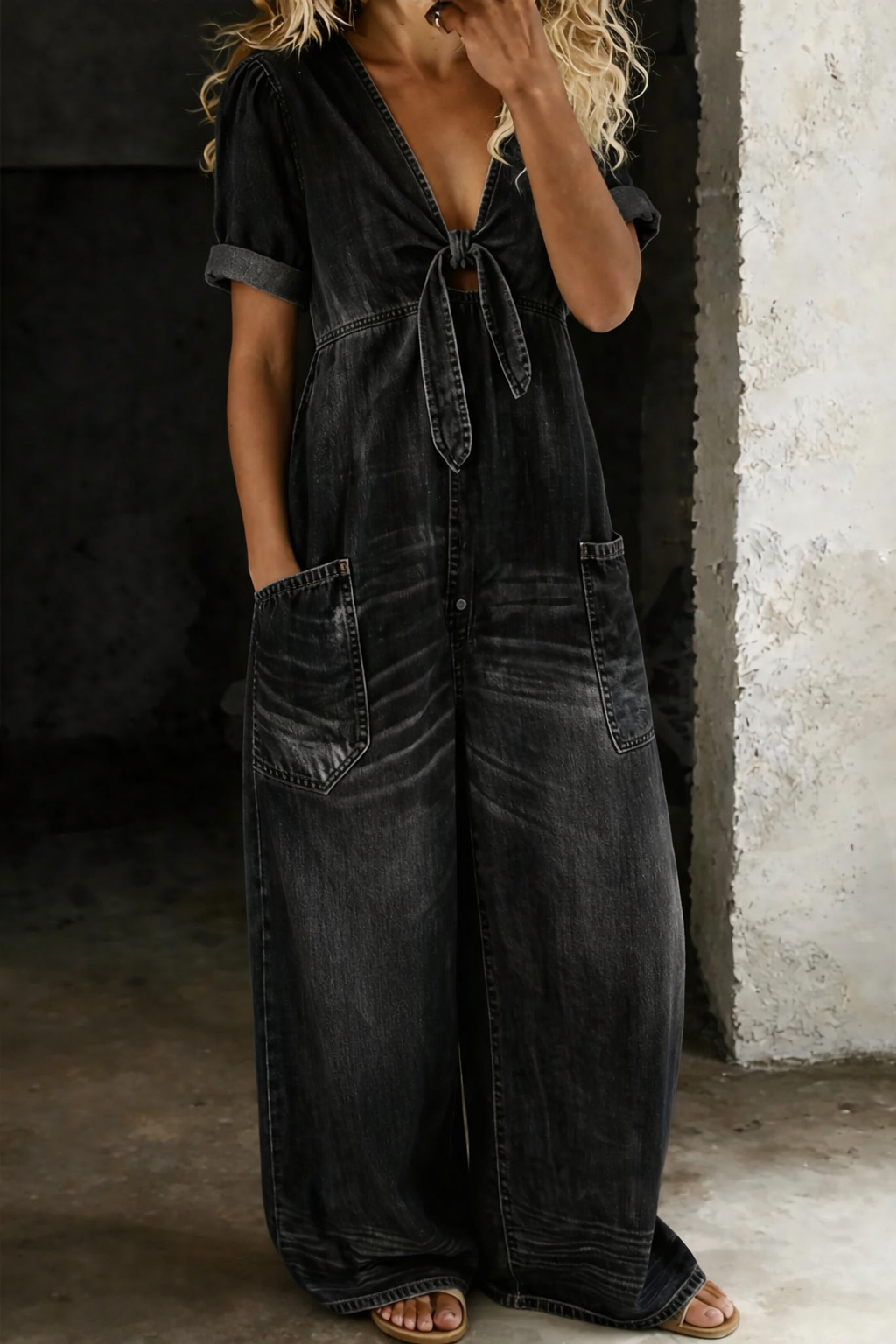 Naya | Korte jumpsuit met korte mouwen en V-hals