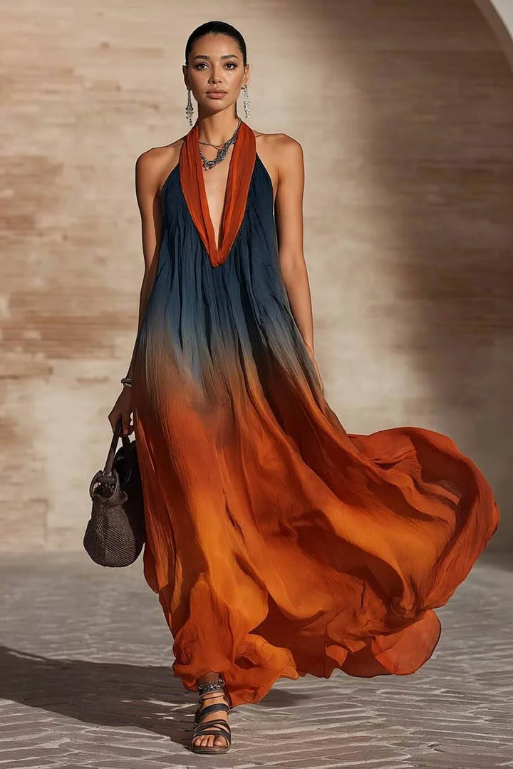 Paula | Lange halter/V jurk met ombre