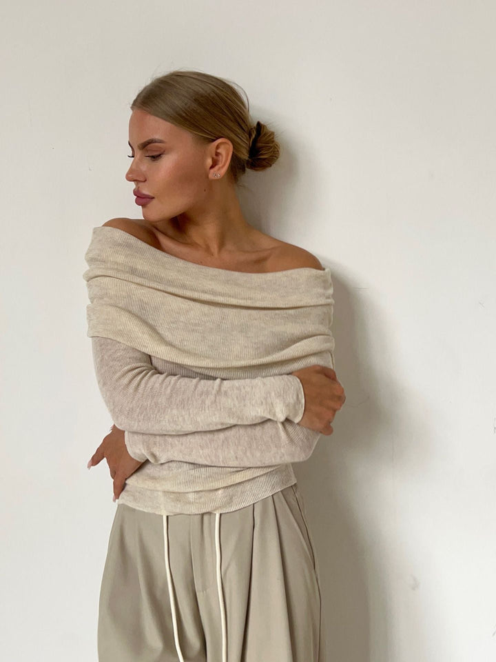 Off-shoulder Slanke Trui met Lange Mouwen en Effen Kleur