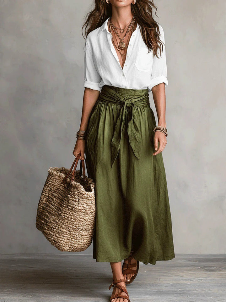 Vera™ | Set van Twee Stukken: Zwarte Top en Olijfgroene Midi Rok