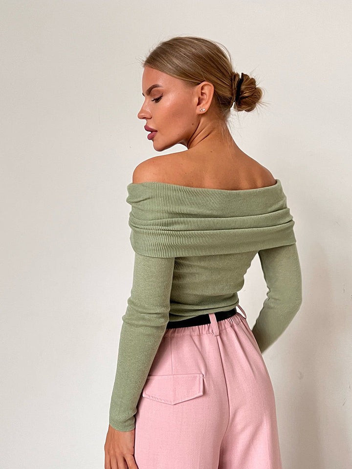 Off-shoulder Slanke Trui met Lange Mouwen en Effen Kleur