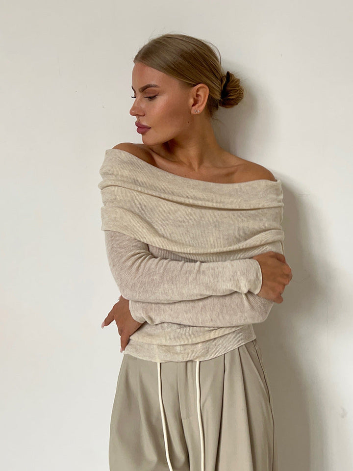 Off-shoulder Slanke Trui met Lange Mouwen en Effen Kleur