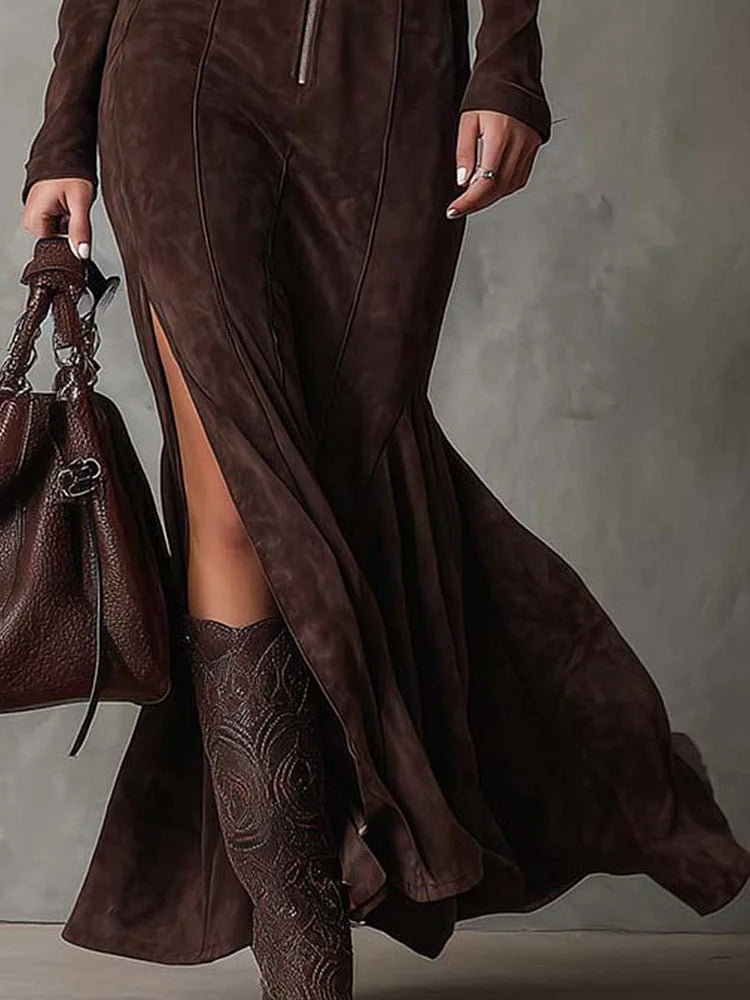 Marsella | Bruine lange jurk met riem