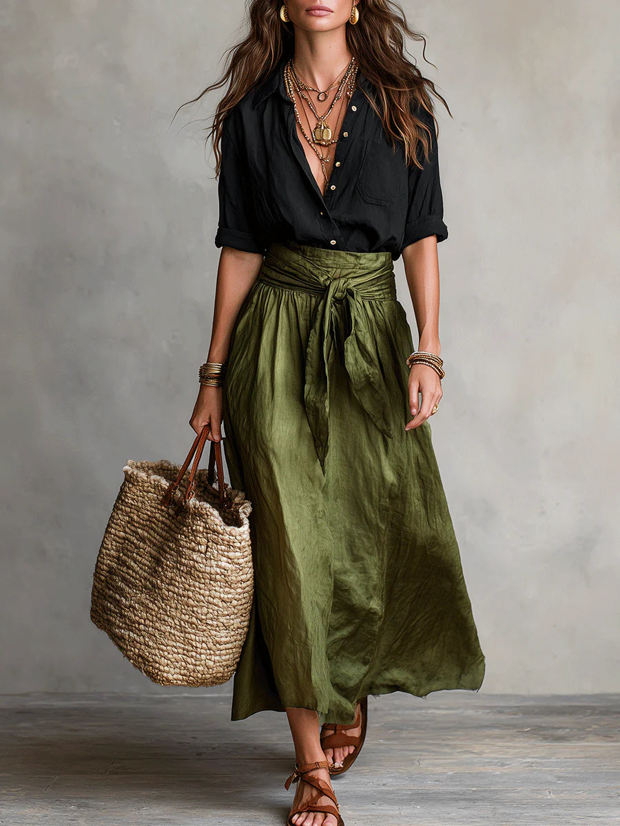 Vera™ | Set van Twee Stukken: Zwarte Top en Olijfgroene Midi Rok