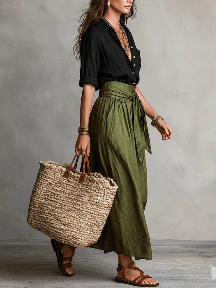 Vera™ | Set van Twee Stukken: Zwarte Top en Olijfgroene Midi Rok