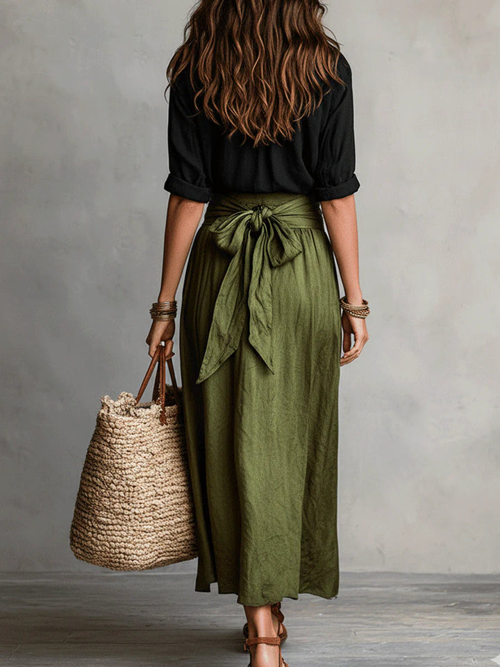 Vera™ | Set van Twee Stukken: Zwarte Top en Olijfgroene Midi Rok