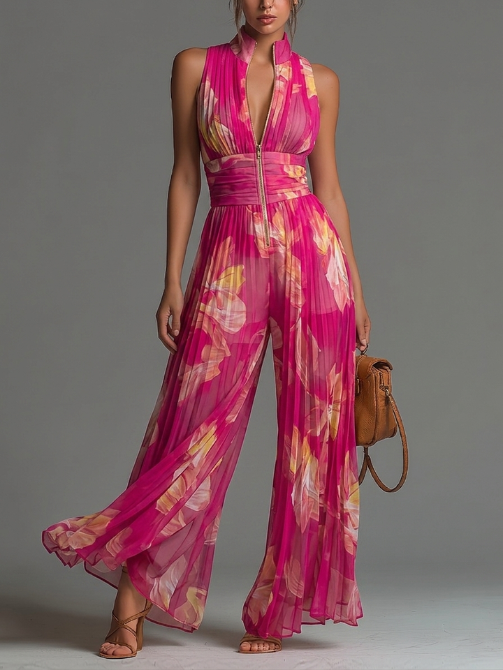 Nicole | Plissé jumpsuit met fuchsia bloemenprint