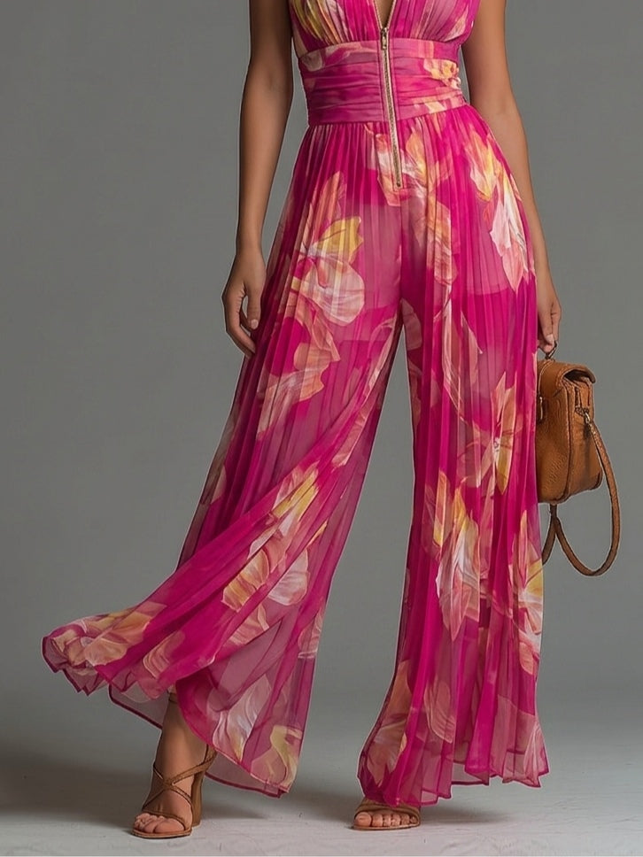 Nicole | Plissé jumpsuit met fuchsia bloemenprint
