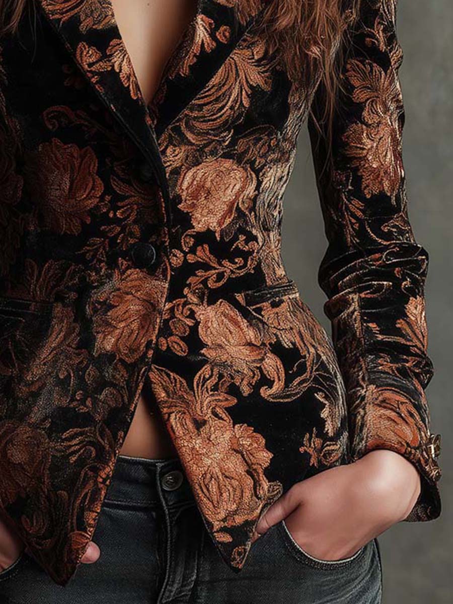 Bertille | Zwarte blazer met bronzen bloemenpatroon