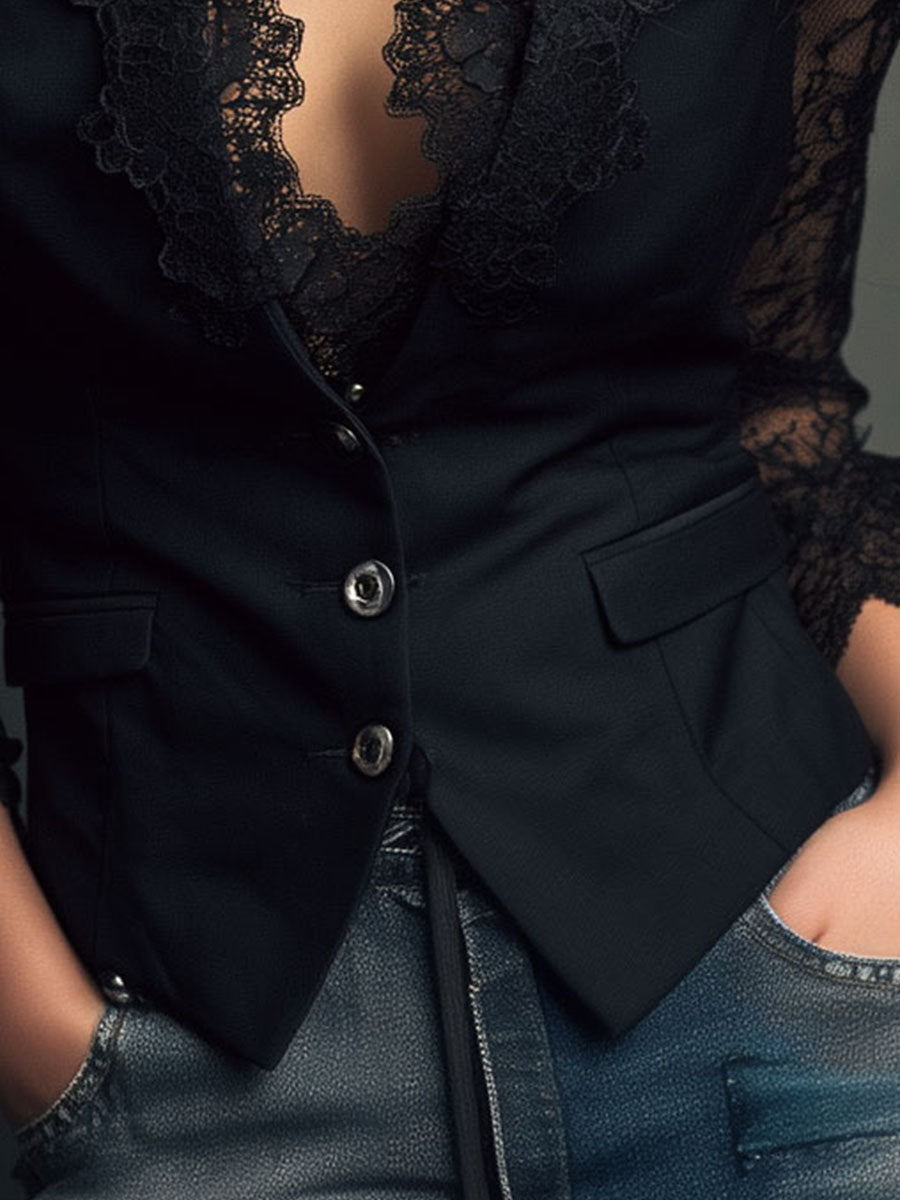 Noémie | Zwarte blazer met doorschijnende mouwen