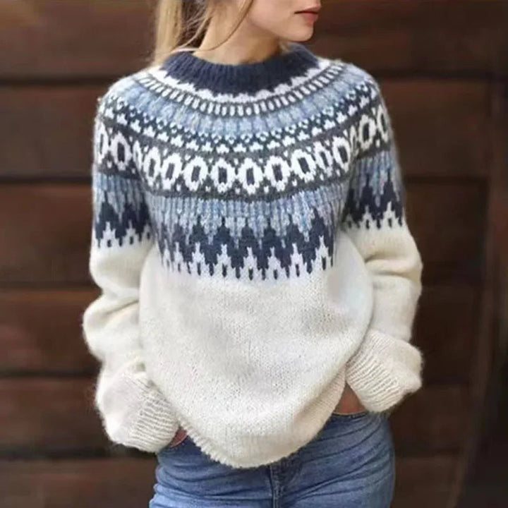 Pauline | Ecru trui met marineblauw patroon