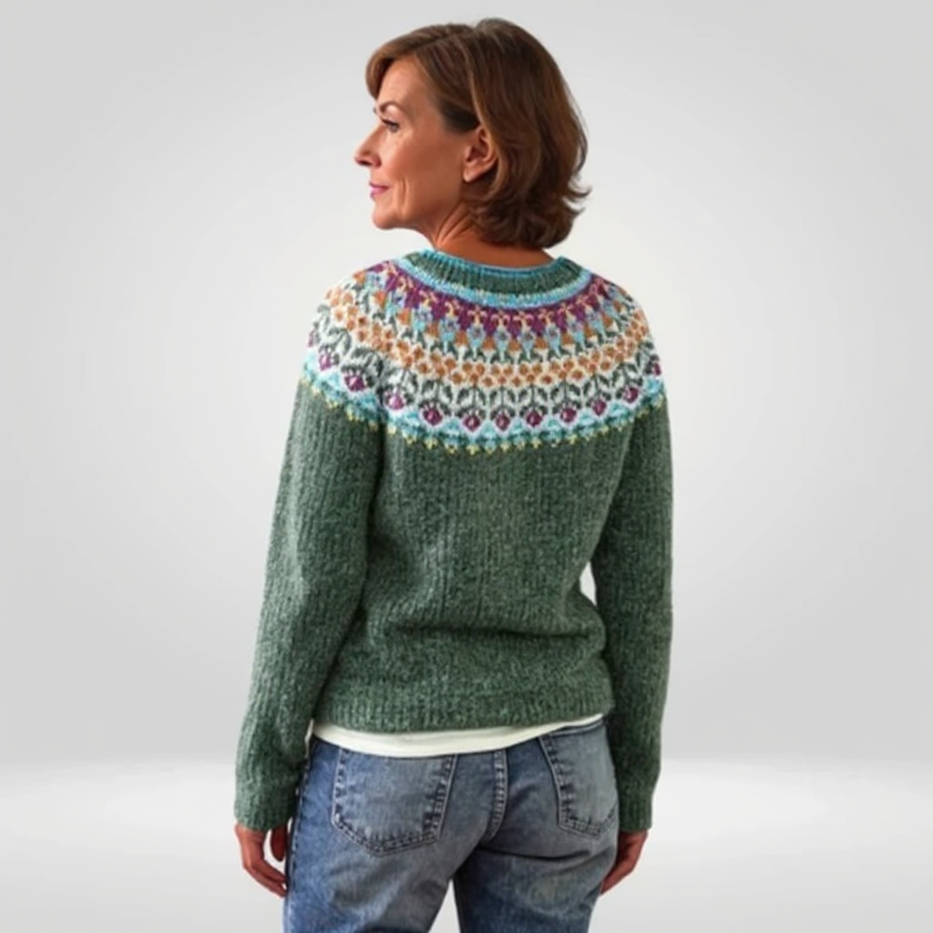 Véronique | Saliegroene trui met kleurrijk patroon