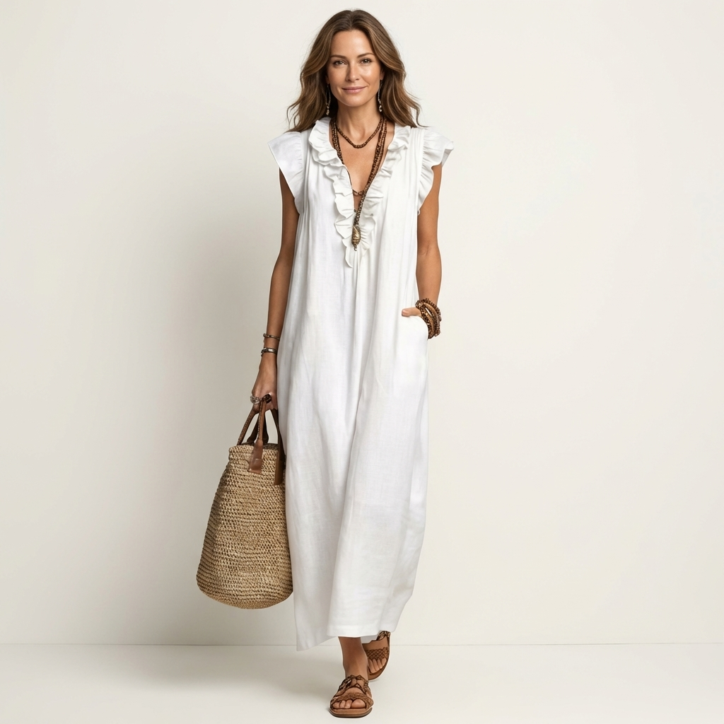 Anouk | Ruffle V-Hals Linnen Maxi Jurk
