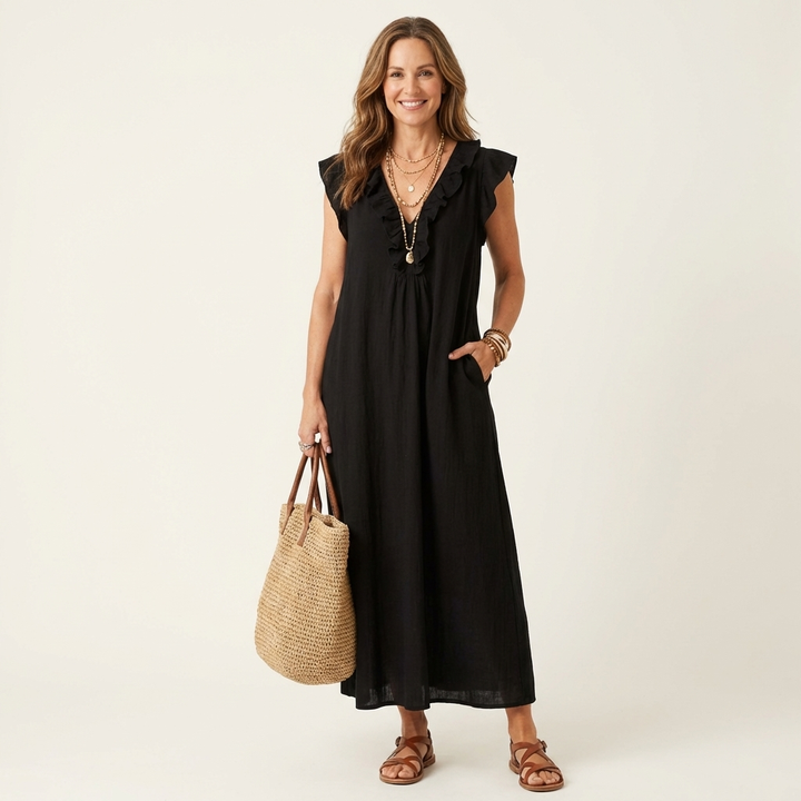 Anouk | Ruffle V-Hals Linnen Maxi Jurk