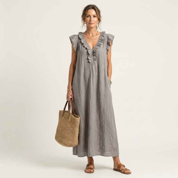Anouk | Ruffle V-Hals Linnen Maxi Jurk
