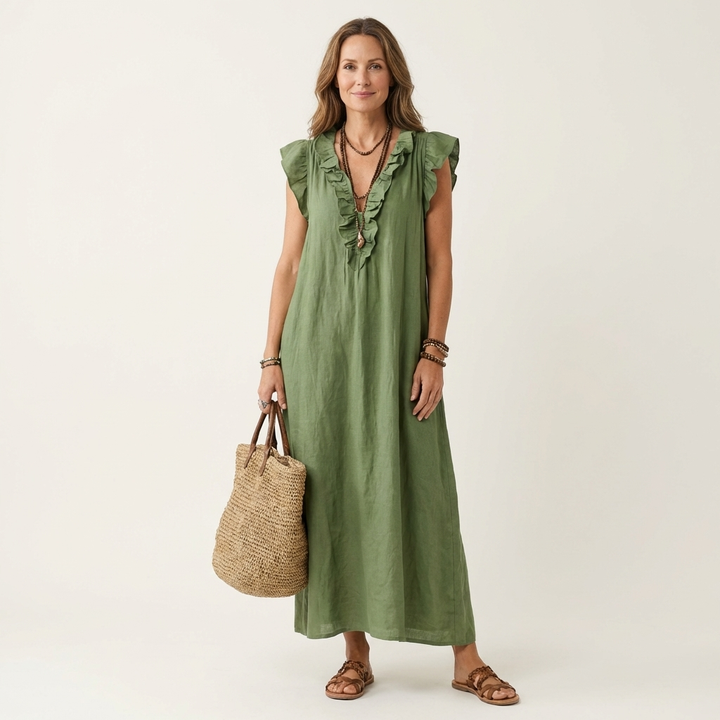 Anouk | Ruffle V-Hals Linnen Maxi Jurk