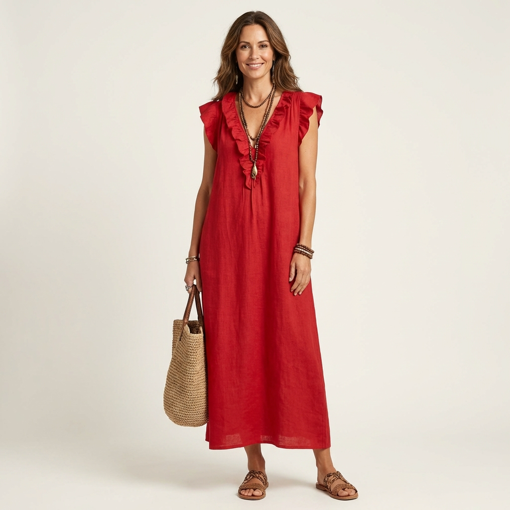 Anouk | Ruffle V-Hals Linnen Maxi Jurk