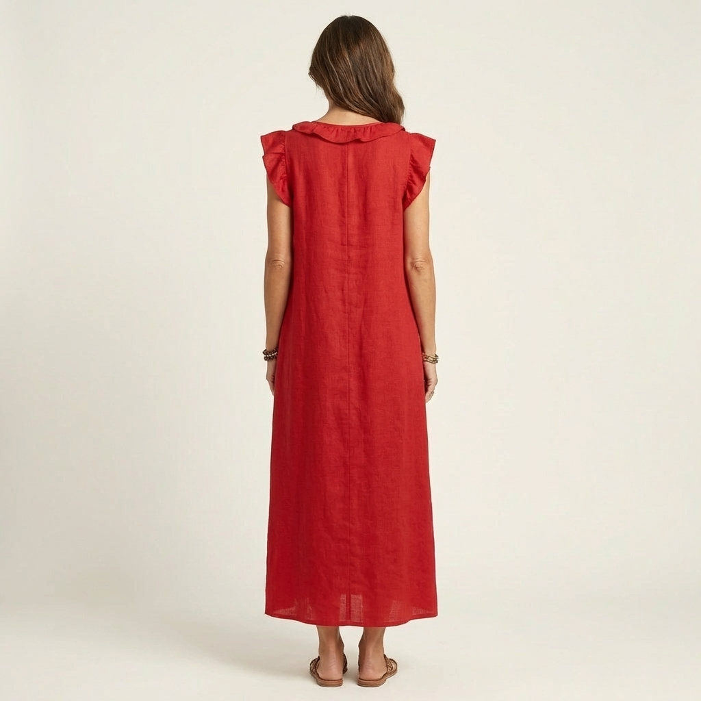 Anouk | Ruffle V-Hals Linnen Maxi Jurk