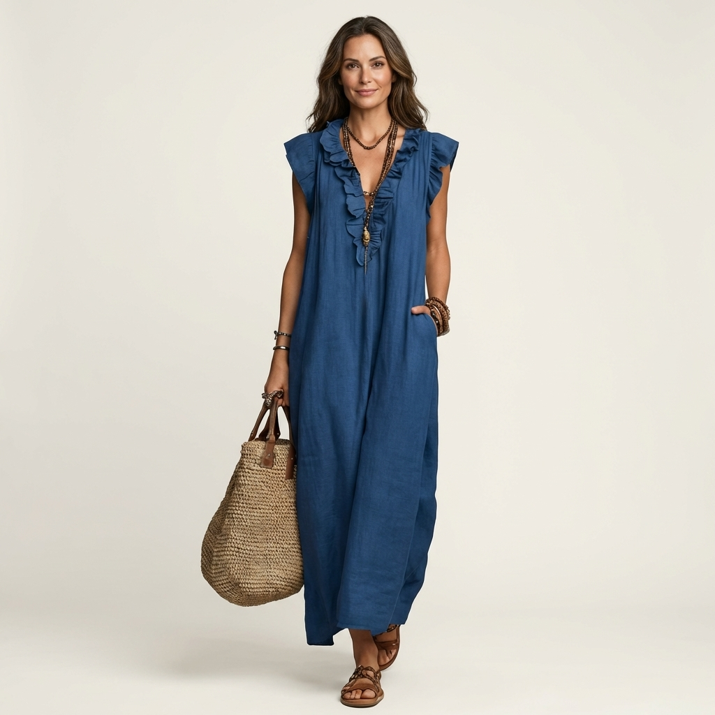 Anouk | Ruffle V-Hals Linnen Maxi Jurk
