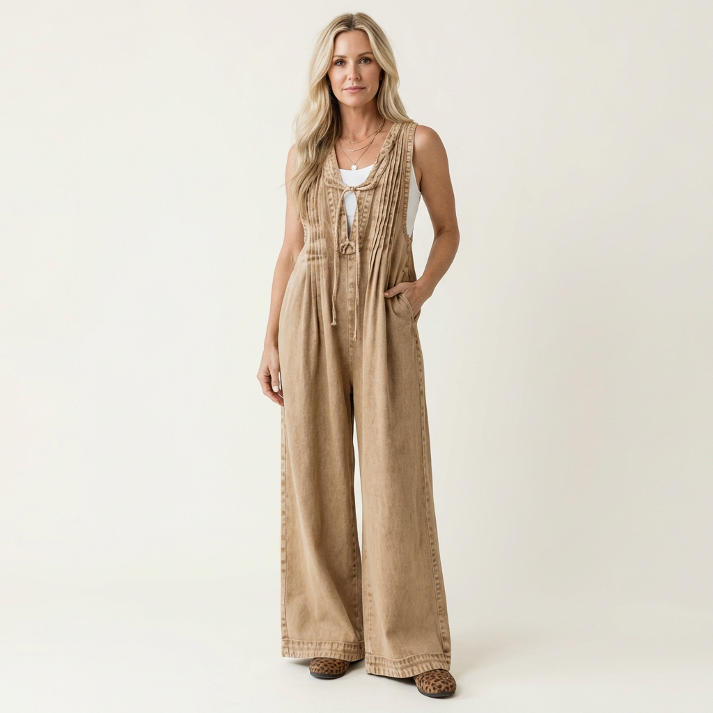 Griselda | Denim jumpsuit met wijde plooibenen