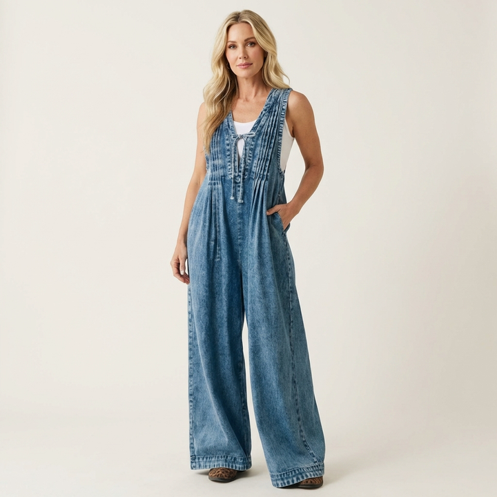 Griselda | Denim jumpsuit met wijde plooibenen