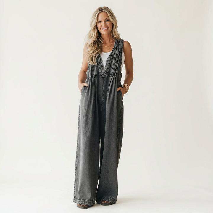 Griselda | Denim jumpsuit met wijde plooibenen