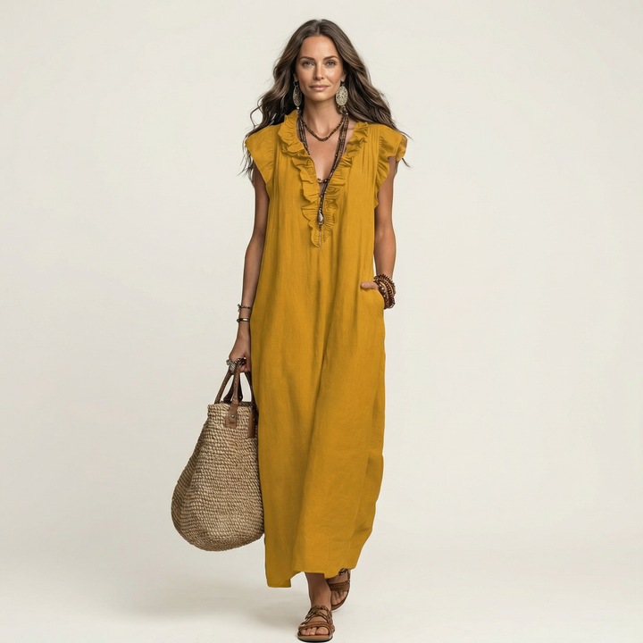 Anouk | Ruffle V-Hals Linnen Maxi Jurk