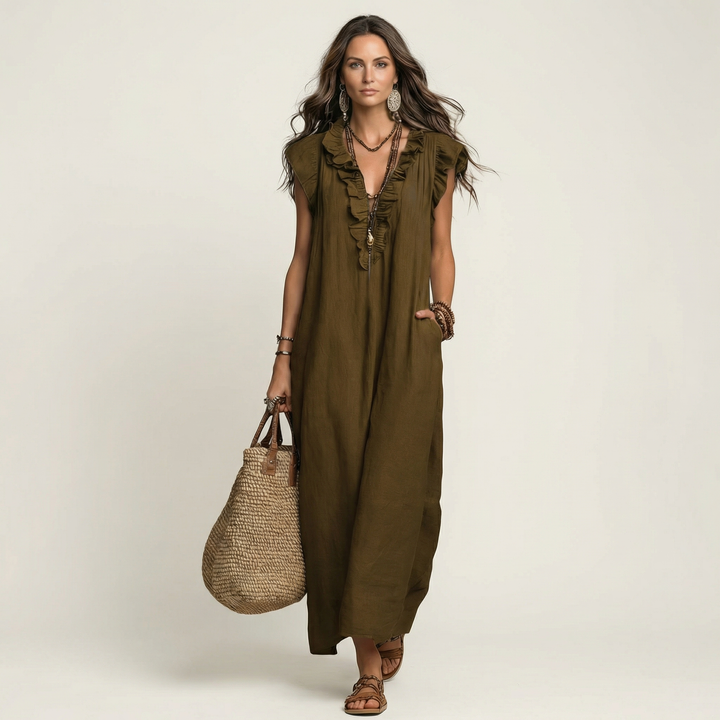 Anouk | Ruffle V-Hals Linnen Maxi Jurk