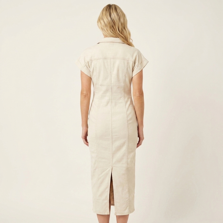 Maya | Midi Bodycon Denim Jurk met Voor Knopen