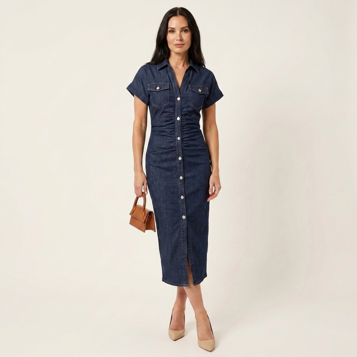 Maya | Midi Bodycon Denim Jurk met Voor Knopen