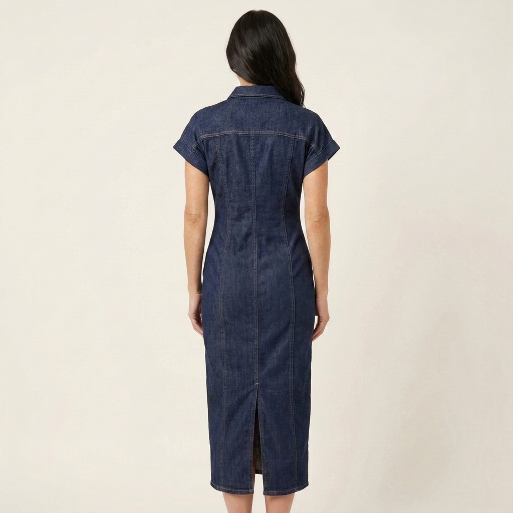 Maya | Midi Bodycon Denim Jurk met Voor Knopen