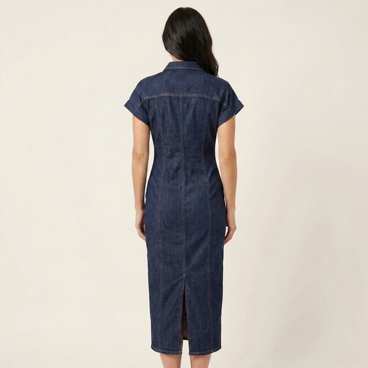 Maya | Midi Bodycon Denim Jurk met Voor Knopen