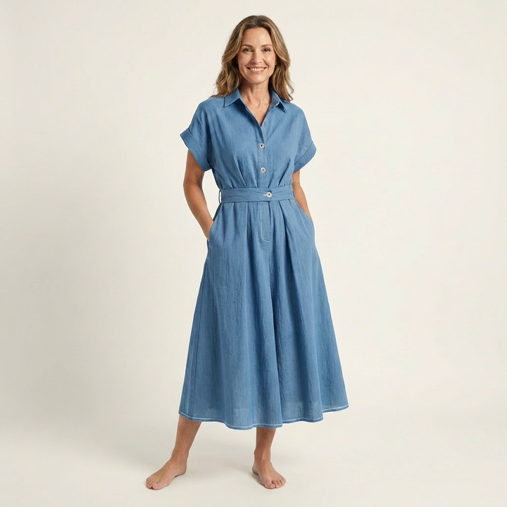 Melody | Midi Jeans Jurk met Knopen en Ceintuur